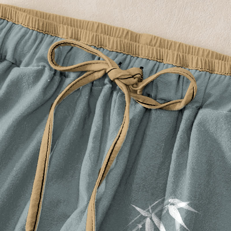 Buddha Stones Witte damesbroek van 100% Cotton met bamboeprint, elastische Taille en Zakken. - image 1