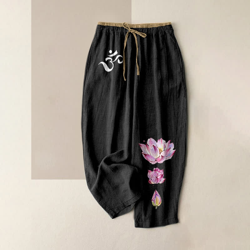 Buddha Stones Damesbroek van 100% Cotton met OM roze lotusprint, elastische Taille en Zakken. - Zwart - US16, UK/AU20, EU48 (3XL) - image 0