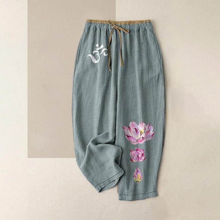 Buddha Stones Damesbroek van 100% Cotton met OM roze lotusprint, elastische Taille en Zakken. - CadetBlue - US16, UK/AU20, EU48 (3XL) - image 4