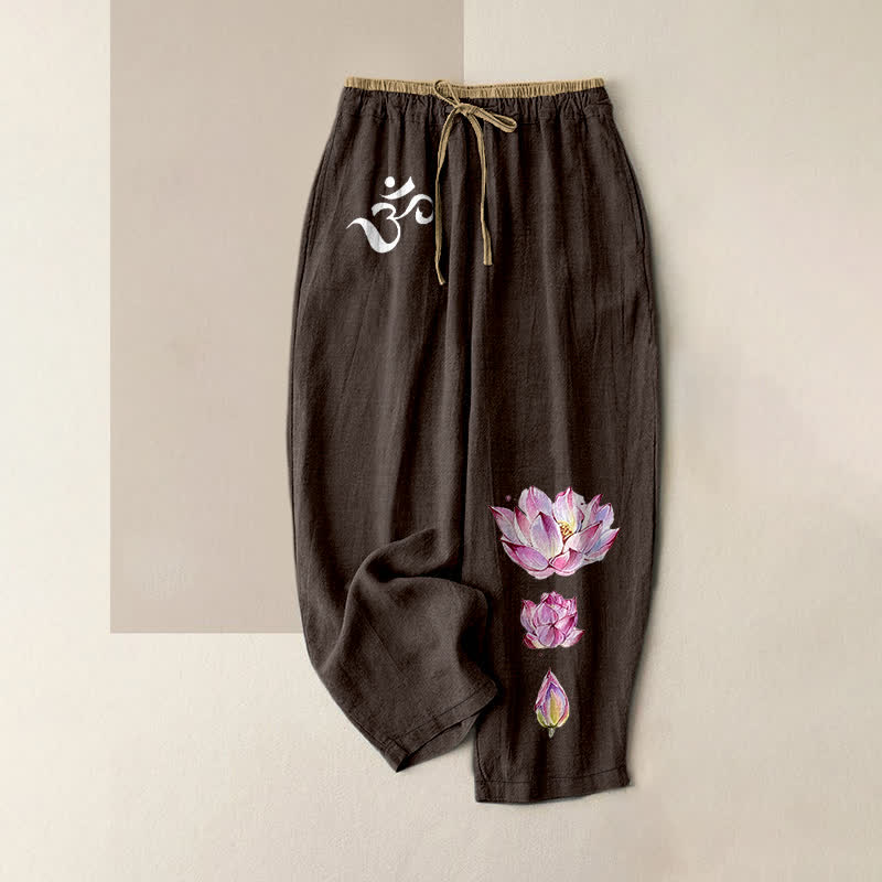 Buddha Stones Damesbroek van 100% Cotton met OM roze lotusprint, elastische Taille en Zakken. - Zadelbruin - US16, UK/AU20, EU48 (3XL) - image 5