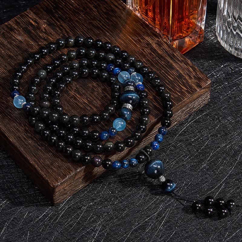 Buddha Stones Zwarte obsidiaan beschermende handgemaakte ronde kwast Mala met 108 kralen - Zwarte obsidiaan (Bescherming ♥ Aarding) - image 0