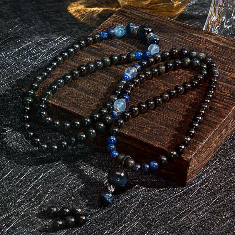 Buddha Stones Zwarte obsidiaan beschermende handgemaakte ronde kwast Mala met 108 kralen - image 1
