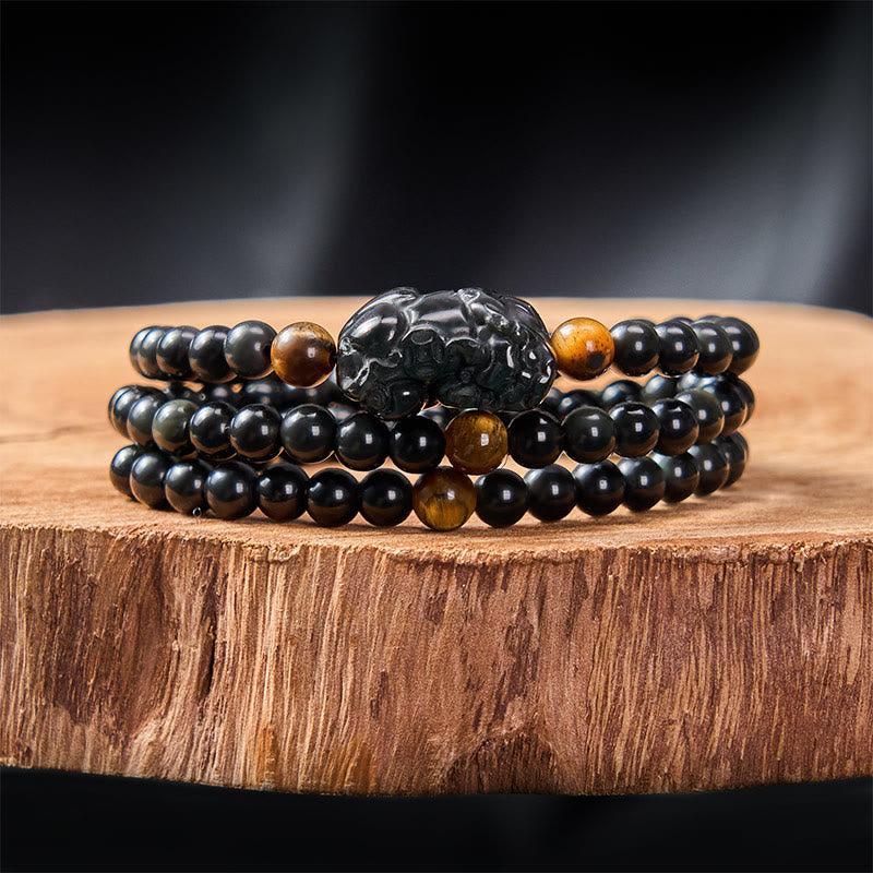 Buddha Stones PiXiu Regenboog Obsidiaan Zwarte Obsidiaan Rijkdom Handgesneden Armband - image 1