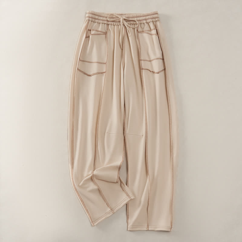 Buddha Stones Zomerse casual minimalistische broek met trekkoord en opgestikte zakken, effen Enkellengte broek voor dames met rechte pijpen en zakken - Beige - US8-10, UK/AU12-14, EU40-42 (2XL) - image 0