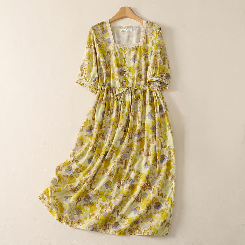 Buddha Stones Vintage lente/zomerjurk met trekkoord, bloemenprint, Korte mouw en zakken voor dames. - Khaki - US14, UK/AU18, EU46 (2XL) - image 0