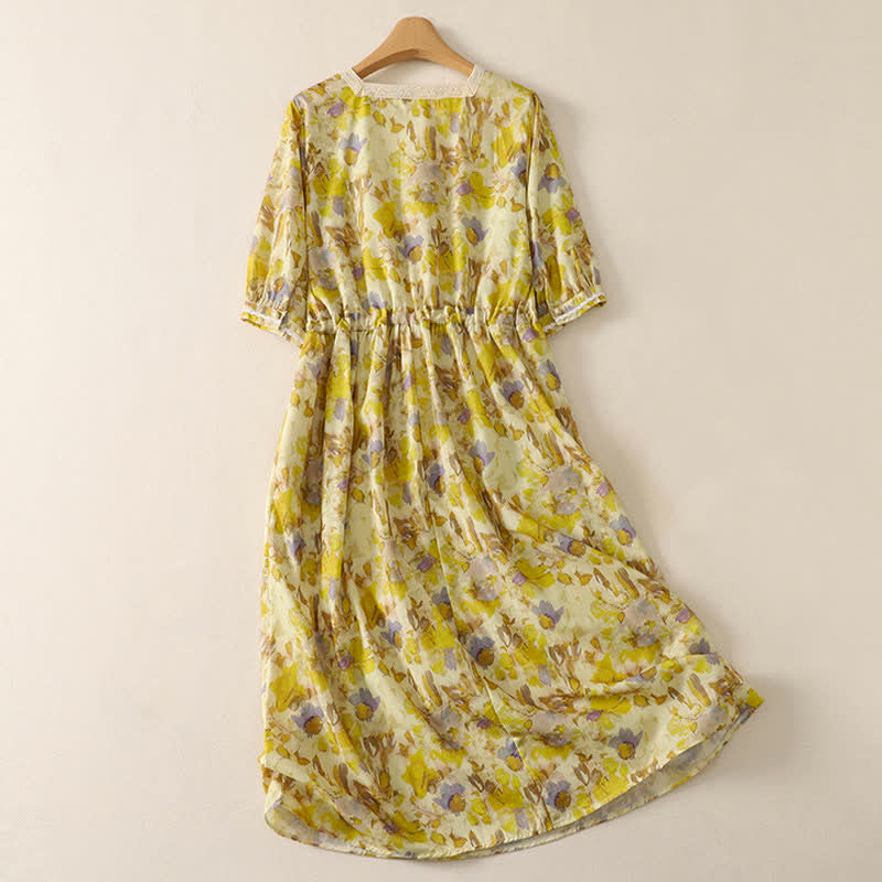 Buddha Stones Vintage lente/zomerjurk met trekkoord, bloemenprint, Korte mouw en zakken voor dames. - image 1