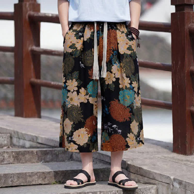 Buddha Stones Zomerse boho vintage capri broek met trekkoord en bloemenprint, rechte pijpen voor heren met zak - image 1