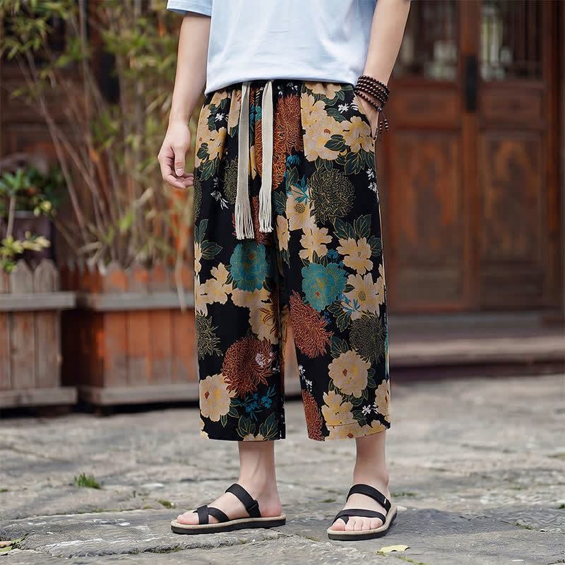 Buddha Stones Zomerse boho vintage capri broek met trekkoord en bloemenprint, rechte pijpen voor heren met zak - Zwart - US/UK/AU46, EU56 (5XL) - image 0