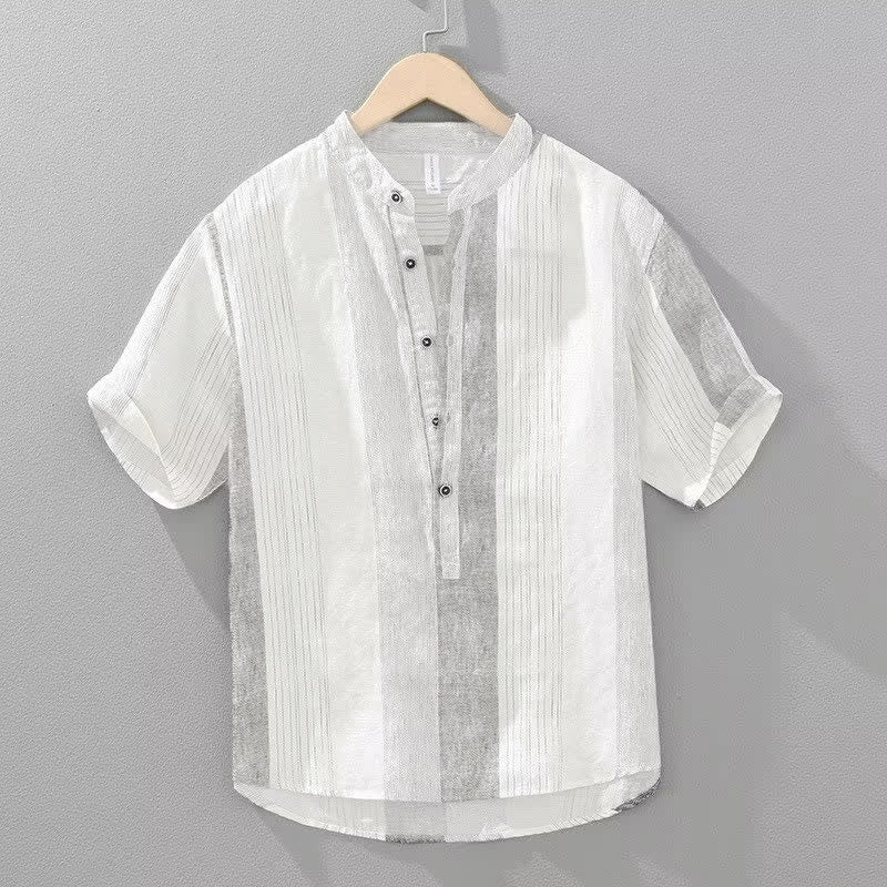 Buddha Stones Zomerse casual Korte mouw met Mandarin kraag en strepen, in Tang-stijl . - Witte rook - US/UK/AU42, EU52 (3XL) - image 0