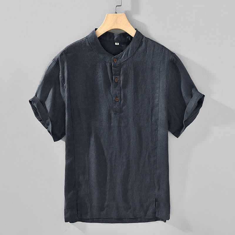 Buddha Stones Zomerse Tang-stijl casual Overhemden met Mandarin kraag en knoopsluiting, effen kleur, voor heren met Korte mouw. - Donkergrijs - US/UK/AU44, EU54 (4XL) - image 0