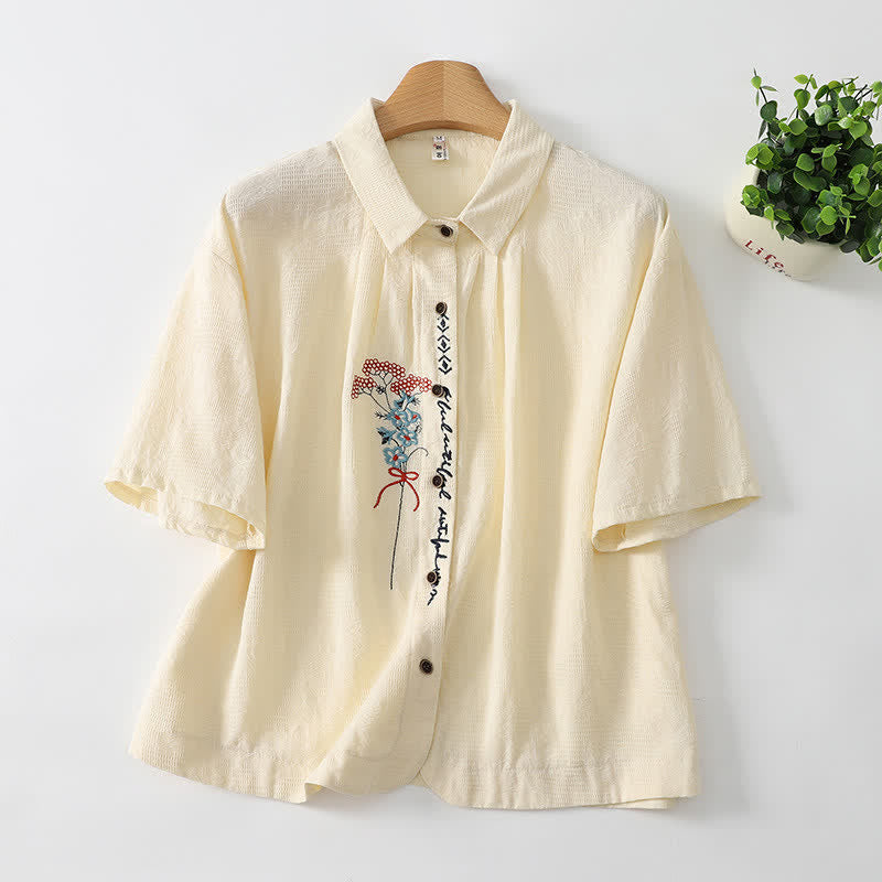 Buddha Stones Zomerse casual vintage blouse met knoopsluiting en geborduurde Overhemden voor dames met Korte mouw - Antiek wit - US8-10, UK/AU12-14, EU40-42 (2XL) - image 0