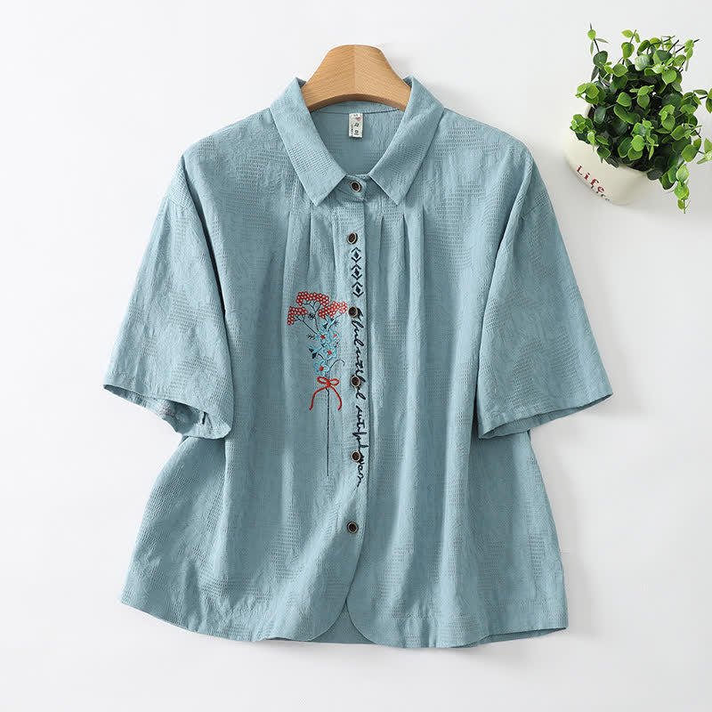 Buddha Stones Zomerse casual vintage blouse met knoopsluiting en geborduurde Overhemden voor dames met Korte mouw - CadetBlue - US8-10, UK/AU12-14, EU40-42 (2XL) - image 1