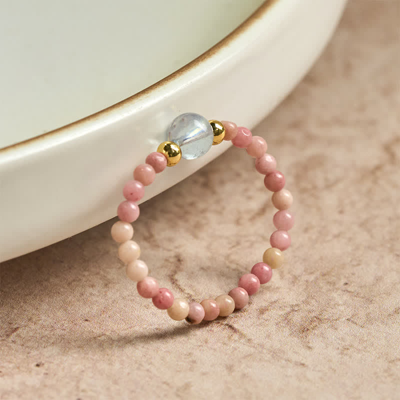 Buddha Stones 2 mm mini kralen natuurlijke rhodoniet aquamarijn topaas rozenkwarts helende elastische Ring - image 1