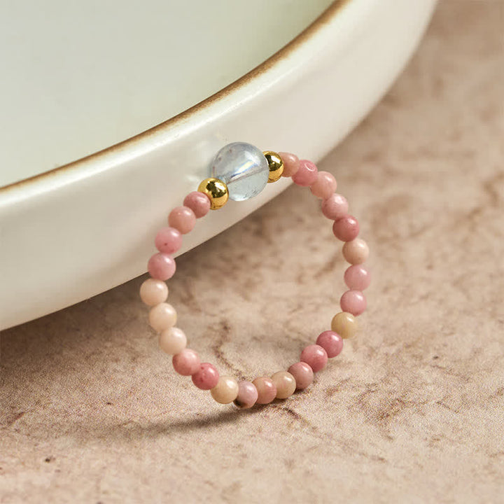 Buddha Stones 2 mm mini kralen natuurlijke rhodoniet aquamarijn topaas rozenkwarts helende elastische Ring - image 1