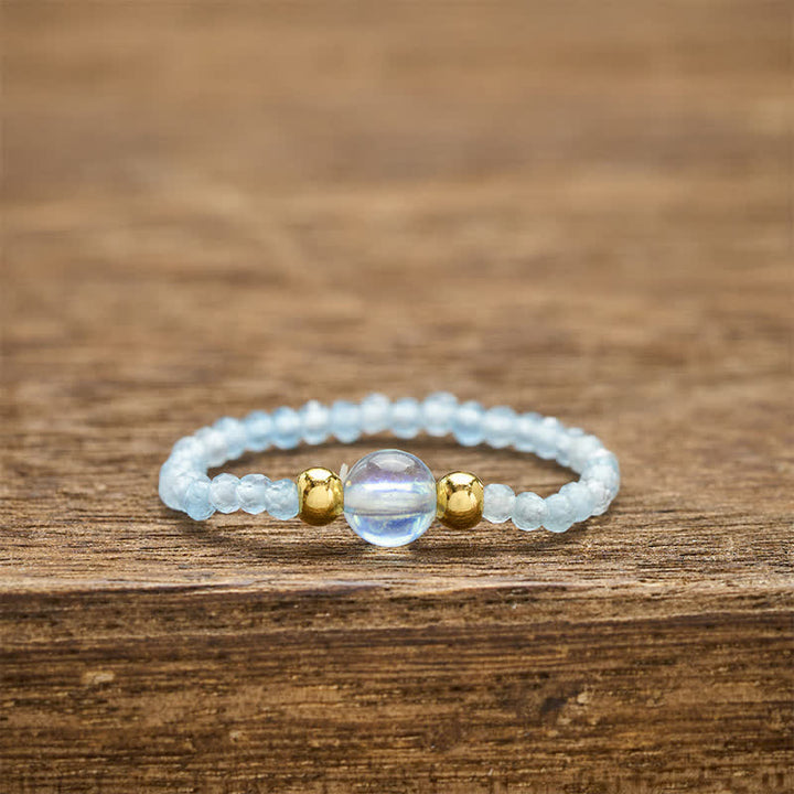 Buddha Stones 2 mm mini kralen natuurlijke rhodoniet aquamarijn topaas rozenkwarts helende elastische Ring - Natuurlijke aquamarijn (kleur kan variëren) (2 mm + 4 mm) - image 19