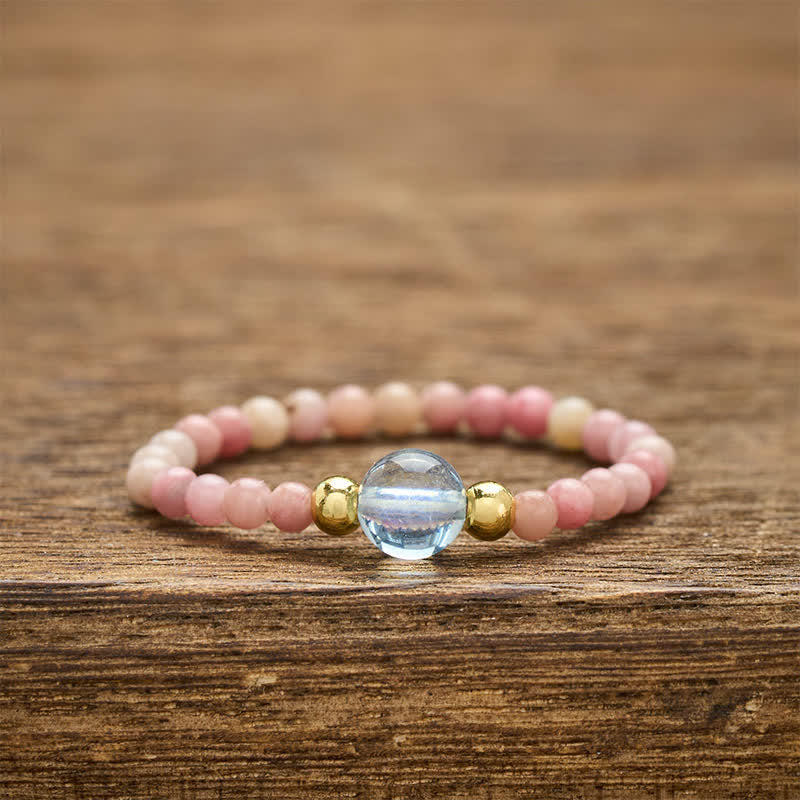 Buddha Stones 2 mm mini kralen natuurlijke rhodoniet aquamarijn topaas rozenkwarts helende elastische Ring - Natuurlijke rhodoniet (kleur kan variëren) + natuurlijke aquamarijn (kleur kan variëren) (2 mm + 4 mm) - image 0