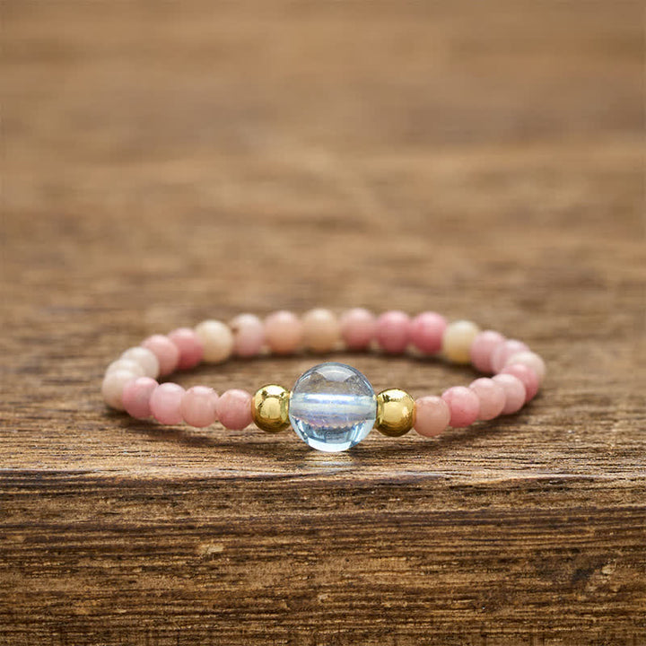 Buddha Stones 2 mm mini kralen natuurlijke rhodoniet aquamarijn topaas rozenkwarts helende elastische Ring - Natuurlijke rhodoniet (kleur kan variëren) + natuurlijke aquamarijn (kleur kan variëren) (2 mm + 4 mm) - image 0