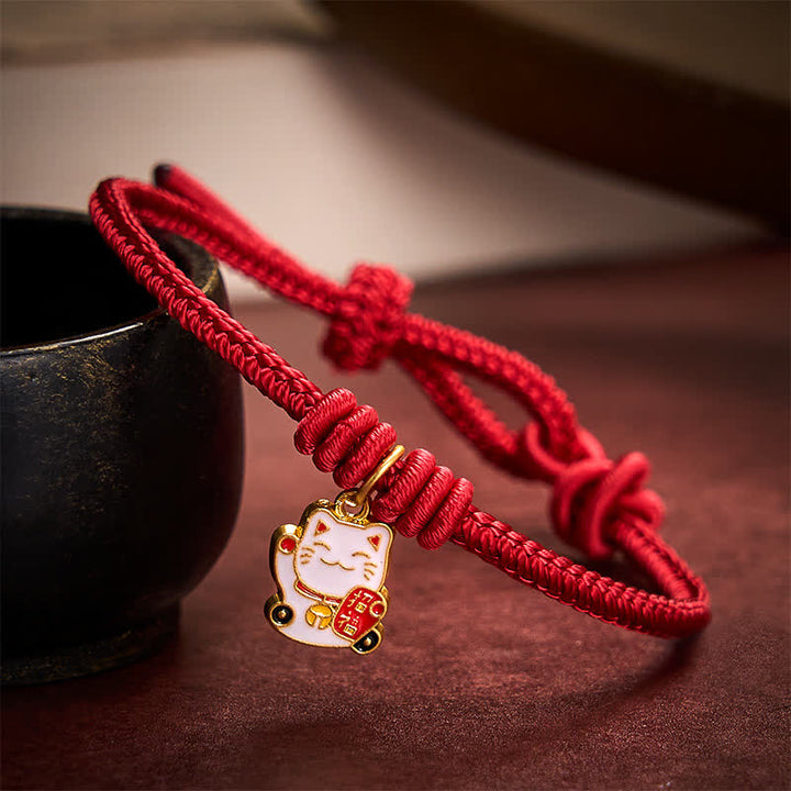 Buddha Stones Handgemaakte gevlochten rode Armband met gelukskat-symbool (Fu-figuur) - Donkerrood - 5,91-7,48 inch (15-19 cm) - image 0