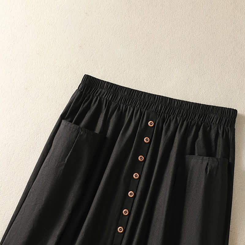 Buddha Stones Zomerse casual boho damesrok met knoopsluiting en Zakken , effen kleur. - image 13