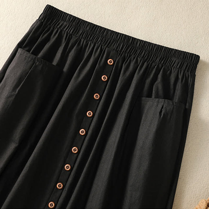 Buddha Stones Zomerse casual boho damesrok met knoopsluiting en Zakken , effen kleur. - image 14