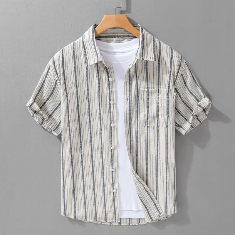 Buddha Stones Zomerse casual gestreepte katoenen Overhemden met Korte mouw en opgestikte zak. - Antiek wit - US/UK/AU42, EU52 (3XL) - image 0