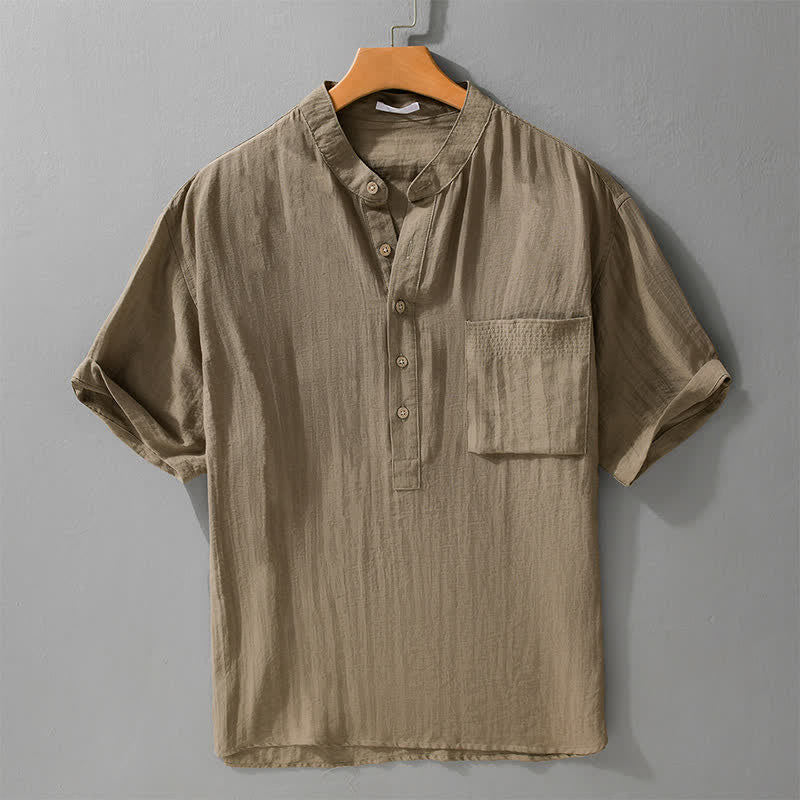 Buddha Stones Casual Overhemden met Korte mouw en Mandarin kraag in Tang-stijl, halfopen knoopsluiting en opgestikte zak. - Bruinen - US/UK/AU42, EU52 (3XL) - image 0
