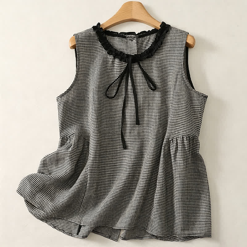 Buddha Stones Zomerse casual vintage geruite tanktop met knoopsluiting aan de achterkant, Mouwloos Overhemden voor dames - Grijs - US12, UK/AU16, EU44 (2XL) - image 0
