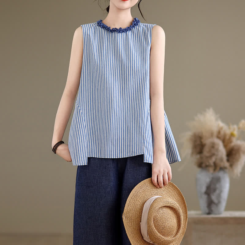 Buddha Stones Zomerse, casual, elegante tanktop met zijsplit, strepen en Ronde hals , Mouwloos Overhemden voor dames - DodgerBlue - US8-10, UK/AU12-14, EU40-42 (2XL) - image 0