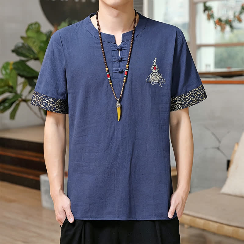 Buddha Stones Zomerse Tang-stijl overhemden met kikkerknopen en geborduurde Korte mouw voor heren . - Staalblauw - US/UK/AU46, EU56 (5XL) - image 0