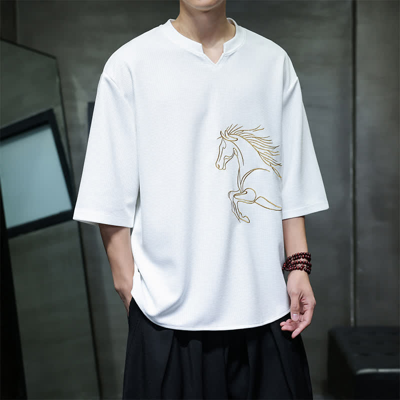 Buddha Stones Zomerse, casual, minimalistische katoenen T-shirts met Korte mouw en paardenborduurwerk voor heren. - image 1