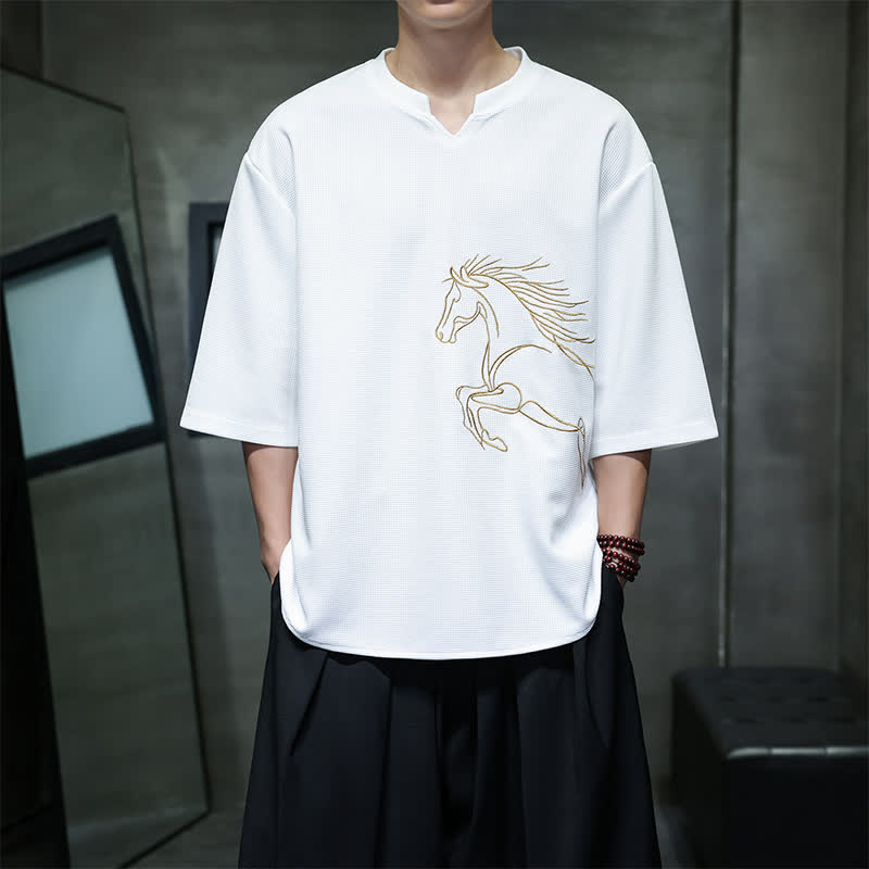 Buddha Stones Zomerse, casual, minimalistische katoenen T-shirts met Korte mouw en paardenborduurwerk voor heren. - Wit - US/UK/AU46, EU56 (5XL) - image 0