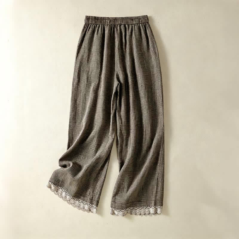 Buddha Stones Casual zomerbroek met trekkoord, geruit linnen, Enkellengte, wijde pijpen, damesbroek met zakken - image 1