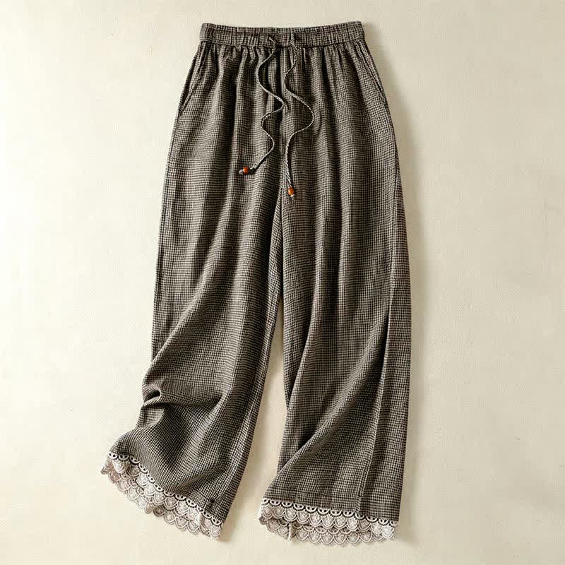 Buddha Stones Casual zomerbroek met trekkoord, geruit linnen, Enkellengte, wijde pijpen, damesbroek met zakken - Grijs - US8-10, UK/AU12-14, EU40-42 (2XL) - image 0