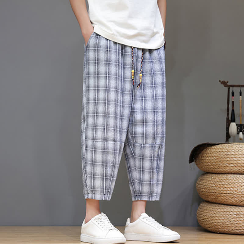 Buddha Stones Casual zomerse capribroek met trekkoord en ruitpatroon, heren harembroek met Zakken - image 1