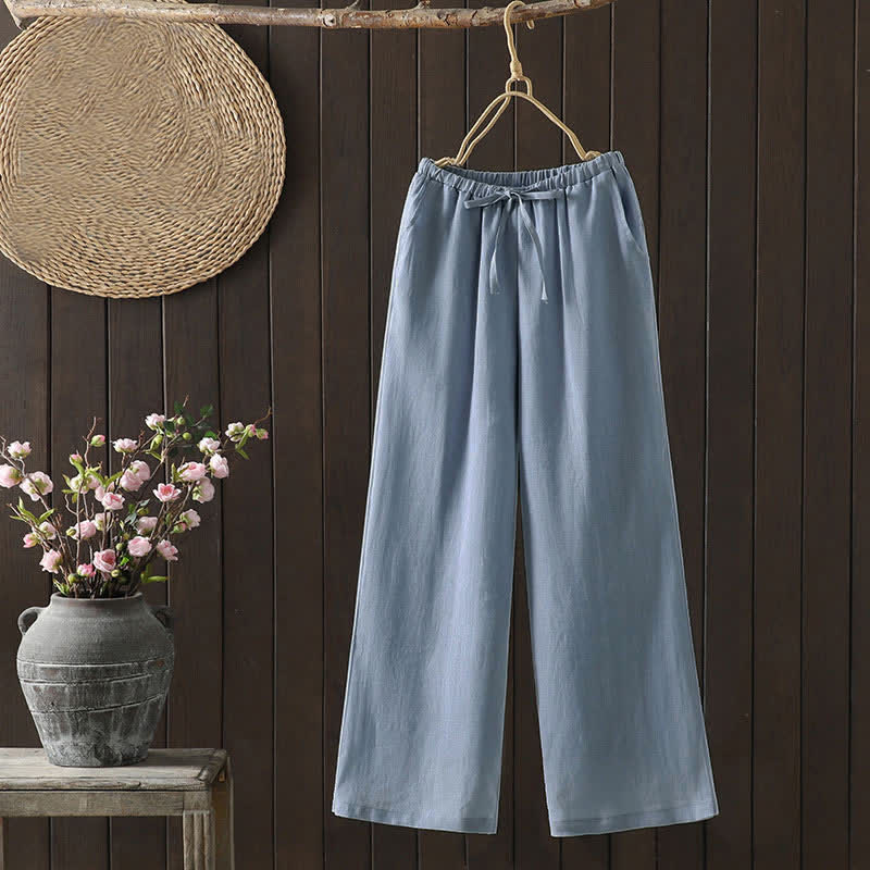 Buddha Stones Zomerse casual minimalistische enkelbroek met trekkoord, effen katoen-linnen model, Enkellengte pijpen, damesbroek met zakken - Lichtblauw - US8-10, UK/AU12-14, EU40-42 (2XL) - image 0
