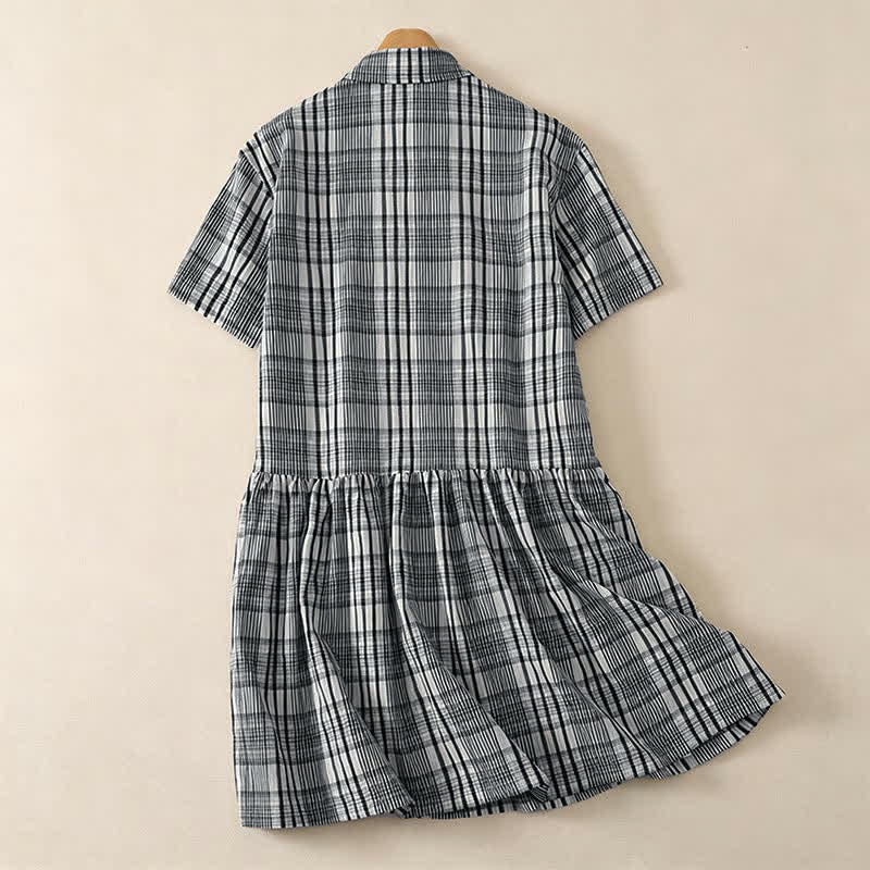 Buddha Stones Zomerse casual vintage jurk met knoopsluiting en ruitjespatroon voor dames, Korte mouw - image 1
