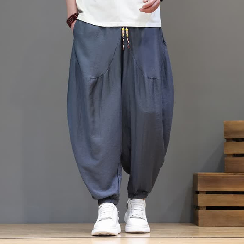 Buddha Stones Zomerse casual vintage cropped broek met trekkoord van effen katoen, harembroek voor heren met zakken - Leigrijs - US/UK/AU46, EU56 (5XL) - image 0