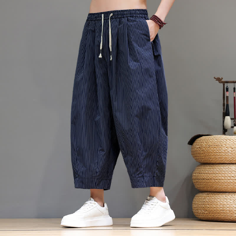Buddha Stones Zomerse casual capri broek met trekkoord en strepen, heren harembroek met zakken - image 1