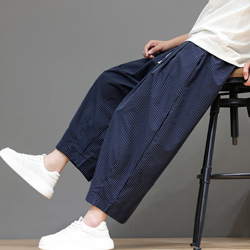 Buddha Stones Zomerse casual capri broek met trekkoord en strepen, heren harembroek met zakken - Donker leisteenblauw - US/UK/AU46, EU56 (5XL) - image 0