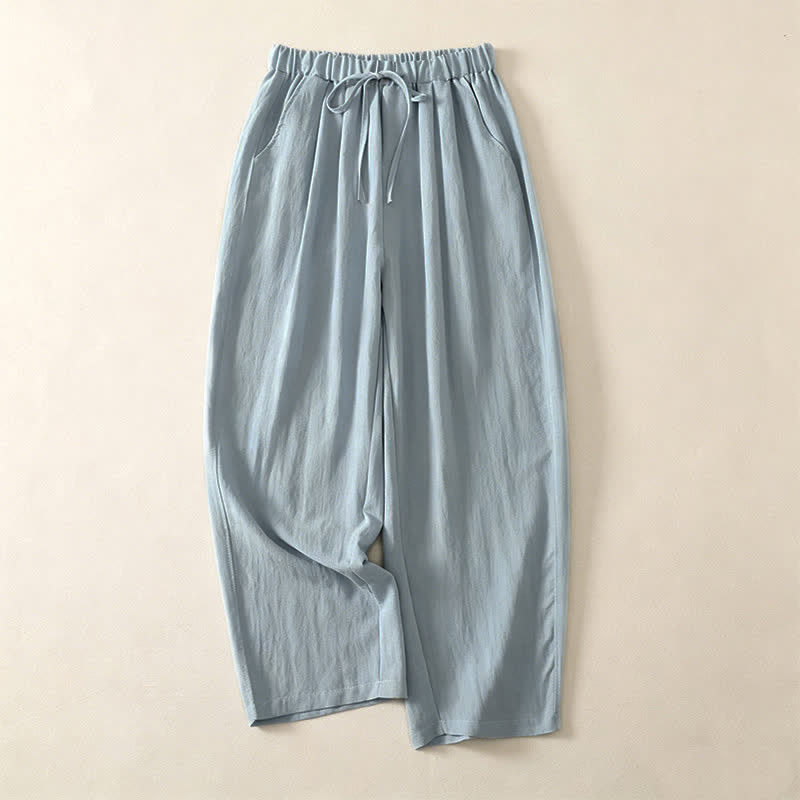 Buddha Stones Casual zomerbroek met trekkoord, effen kleur, Cropped model, wijde pijpen, damesbroek met zakken - Poederblauw - US12, UK/AU16, EU44 (3XL) - image 0