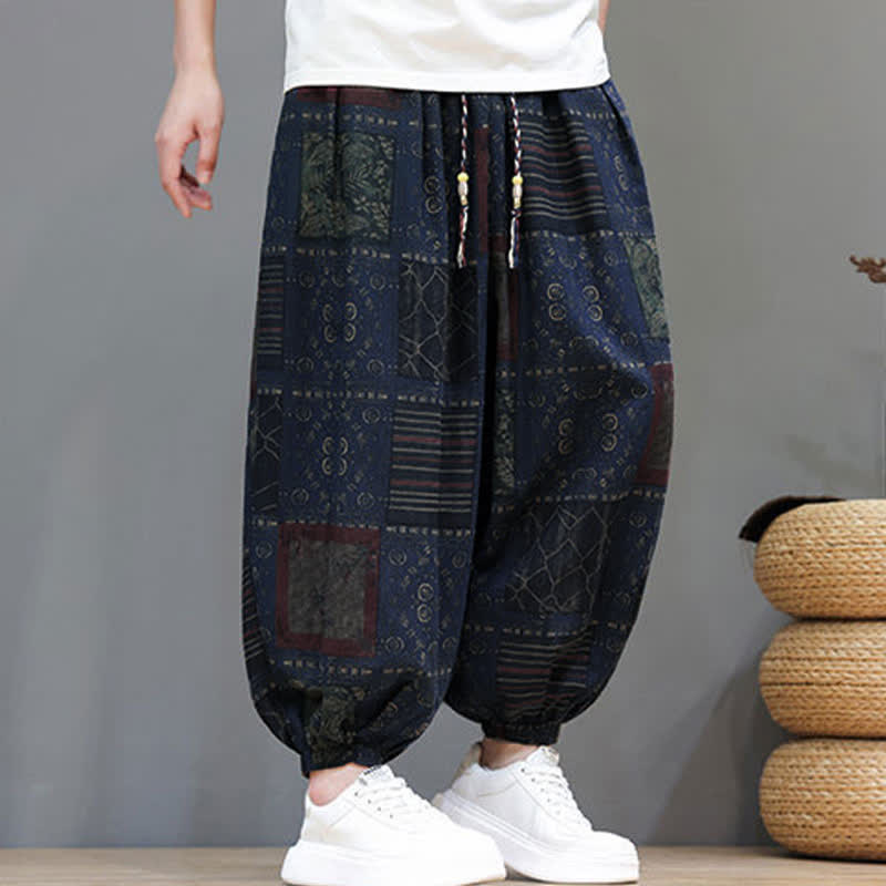 Buddha Stones Zomerse boho casual Cropped broek met trekkoord en geometrische details, harembroek voor heren met zakken - image 1
