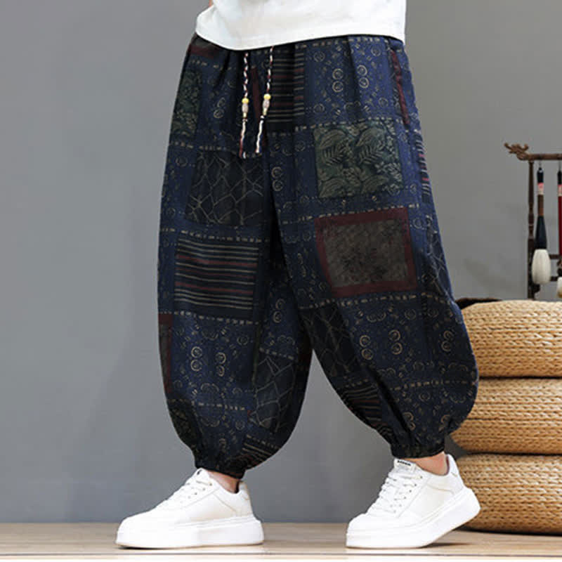 Buddha Stones Zomerse boho casual Cropped broek met trekkoord en geometrische details, harembroek voor heren met zakken - Middernachtblauw - US/UK/AU46, EU56 (5XL) - image 0