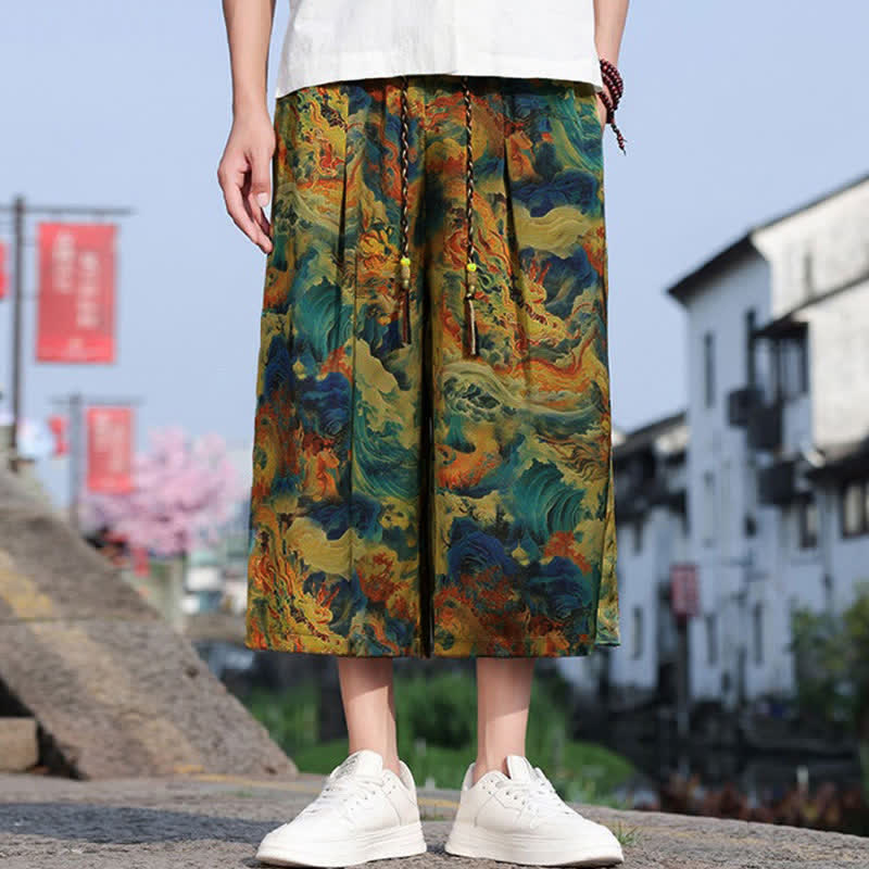 Buddha Stones Zomerse vintage casual Cropped herenbroek met trekkoord en kraanvogelprint, inclusief zakken. - Donker turkoois - US/UK/AU48, EU58 (5XL) - image 0