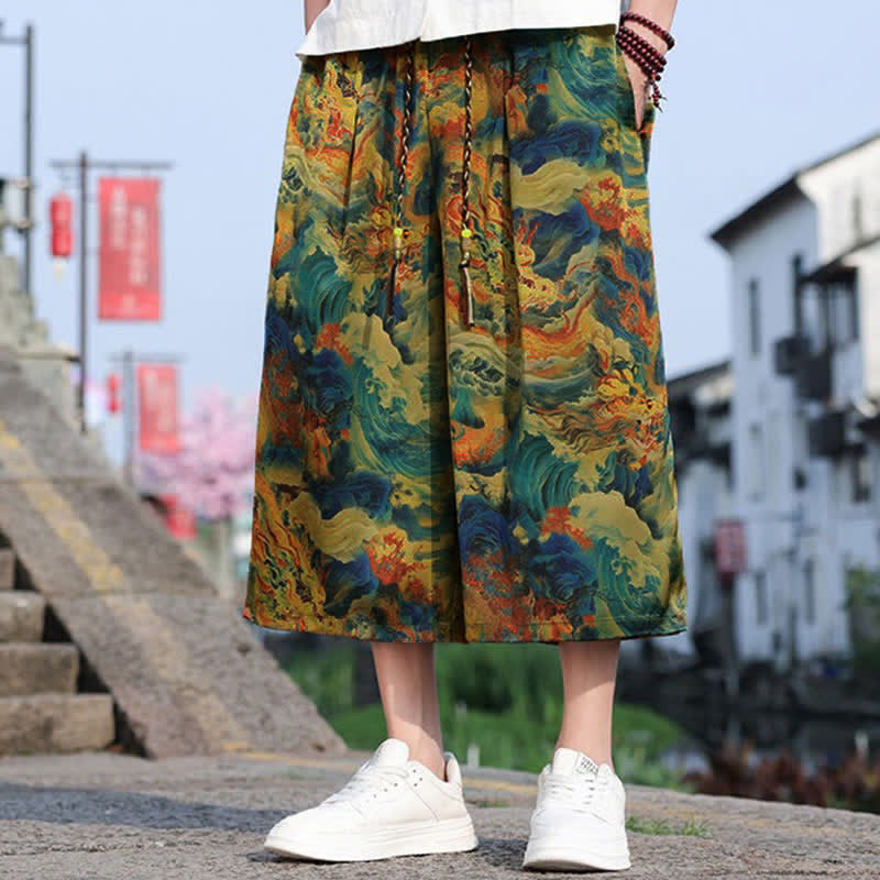 Buddha Stones Zomerse vintage casual Cropped herenbroek met trekkoord en kraanvogelprint, inclusief zakken. - image 1