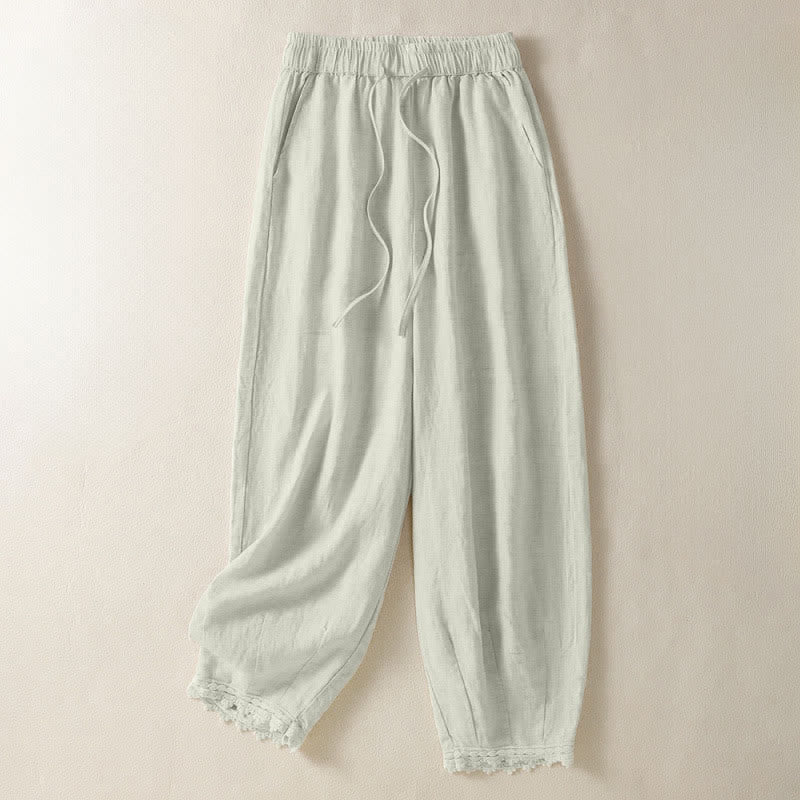 Buddha Stones Zomerse casual boho broek met trekkoord, effen Cropped model, Ramie dames harembroek met Zakken - Beige - US8-10, UK/AU12-14, EU40-42 (2XL) - image 0