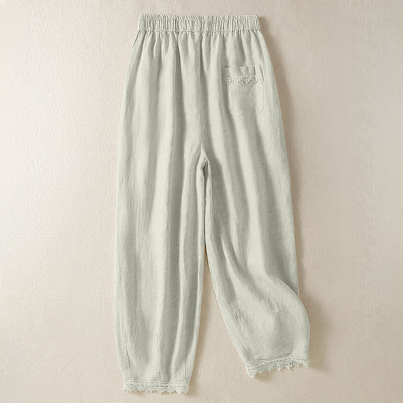 Buddha Stones Zomerse casual boho broek met trekkoord, effen Cropped model, Ramie dames harembroek met Zakken - image 1
