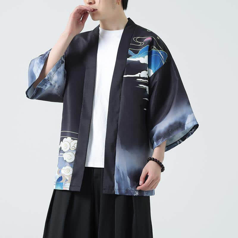 Buddha Stones Zomerse casual vintage kimono's voor heren met kraanvogelprint - image 1