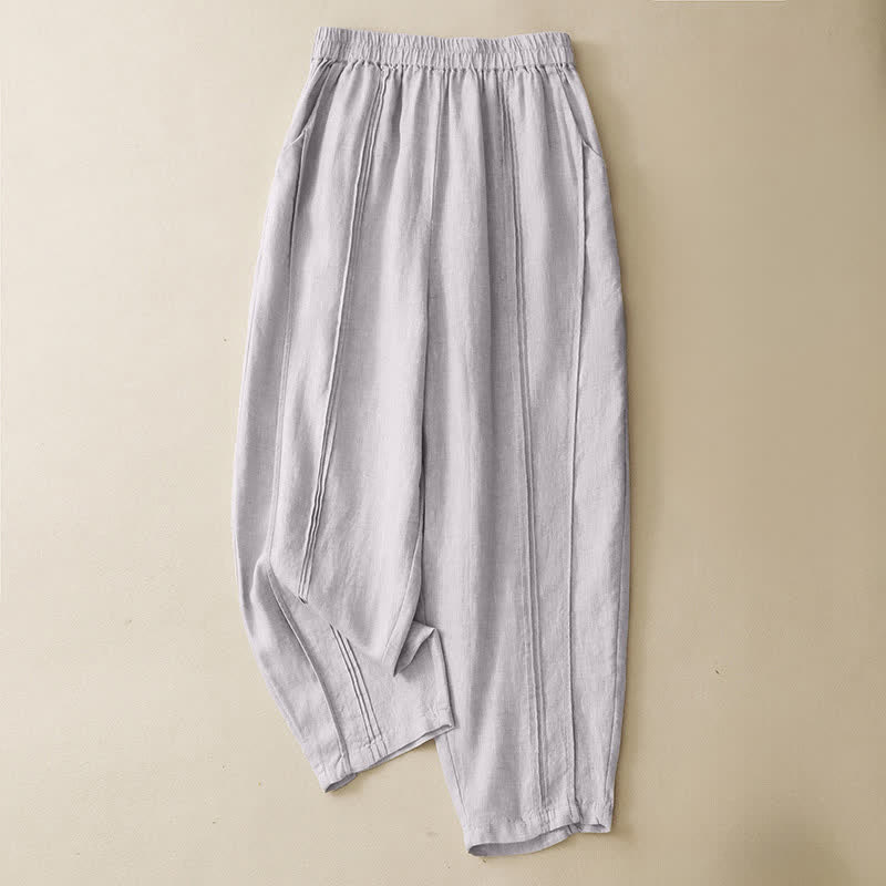 Buddha Stones Zomerse casual minimalistische effen Cropped broek met verticale naad, harembroek voor dames met Zakken - Linnen - US8-10, UK/AU12-14, EU40-42 (2XL) - image 0