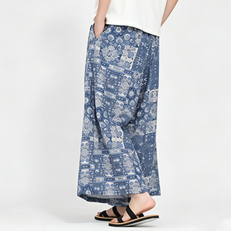 Buddha Stones Zomerse boho casual capri broek met trekkoord en bloemenprint, herenbroek met wijde pijpen en zakken - image 1