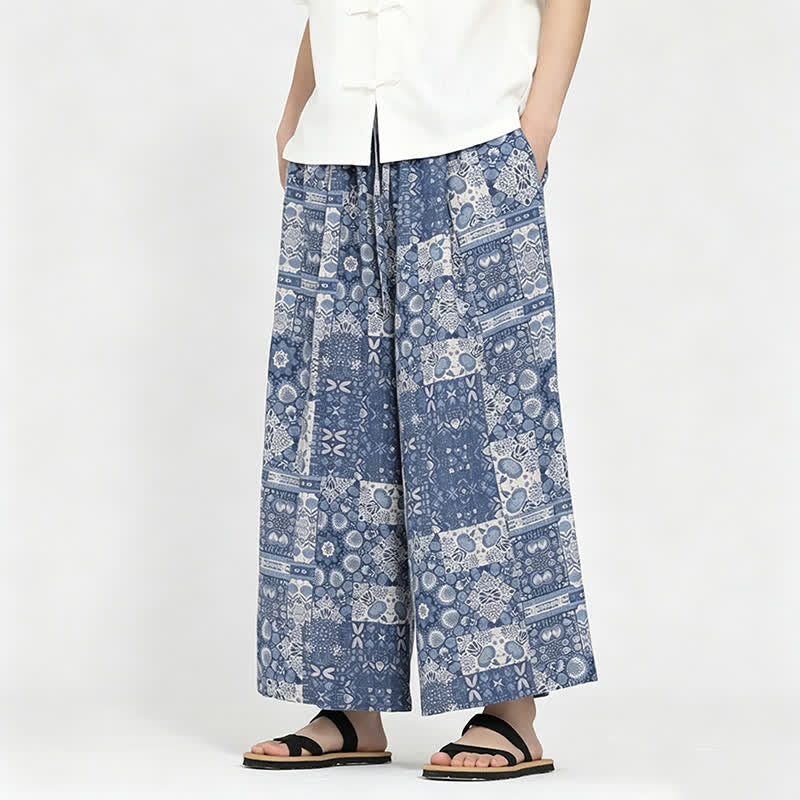 Buddha Stones Zomerse boho casual capri broek met trekkoord en bloemenprint, herenbroek met wijde pijpen en zakken - Staalblauw - US/UK/AU48, EU58 (5XL) - image 0